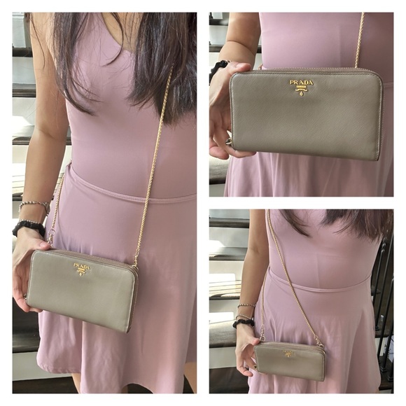 💯 PRADA Logo Gray Saffiano Leather Zippered Wallet on Chain w/ auth cert - Picture 11 of 12